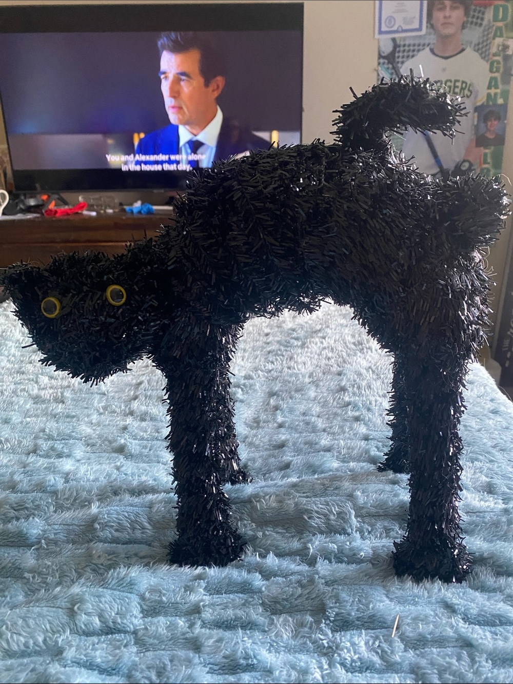 Vintage Black Tinsel Scaredy Cat Halloween Decor Spooky Arched Back 14"